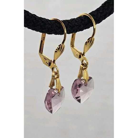 Vintage Pink Glass Heart Gold Tone Ladies Dangle Leverback Earrings - Picture 3 of 6